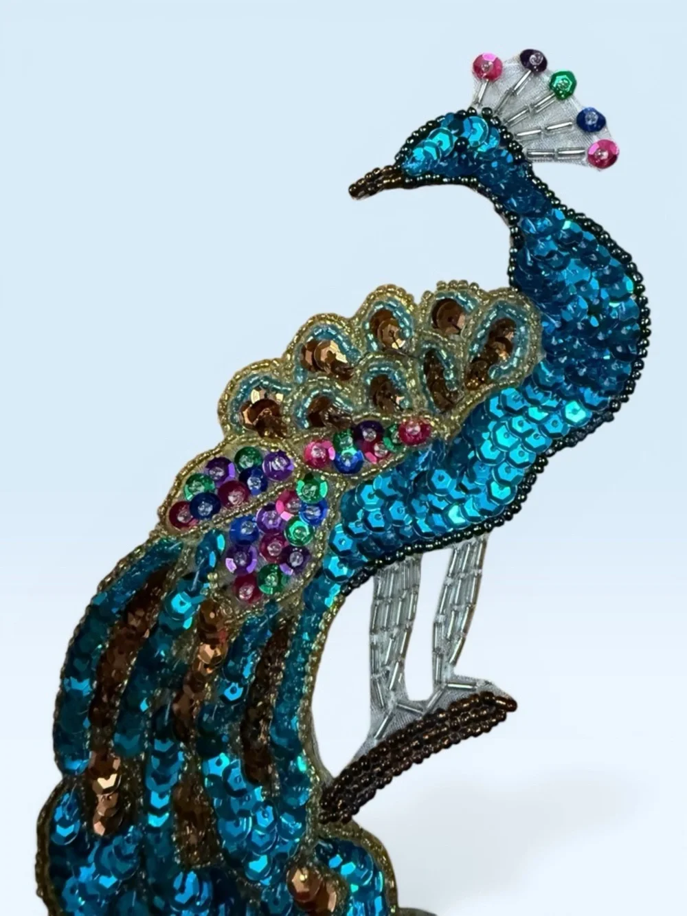Vintage Turquoise Peacock Sequin & Beaded Appliqué Brooch - Picture 2 of 7